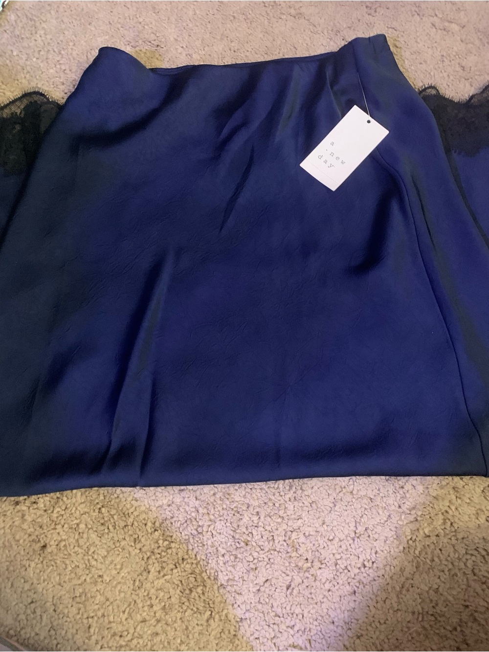 A new day Women's navy Satin Midi Skirt with black lace trim